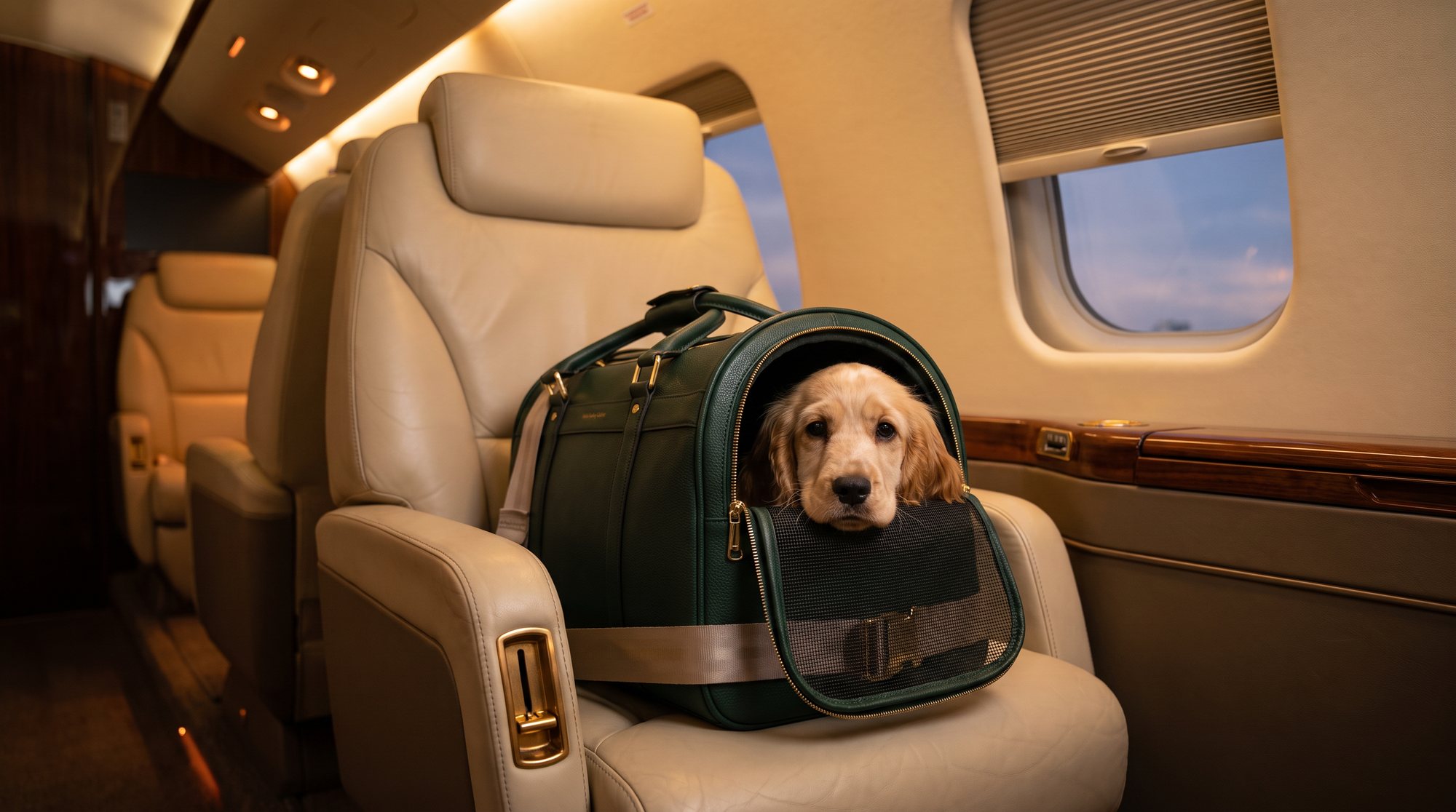Small dog flying in cabin in an airline-approved carrier